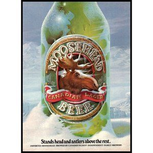 1983 Moosehead Beer Canadian Lager Vintage Print Ad Green Bottle Glacier Photo